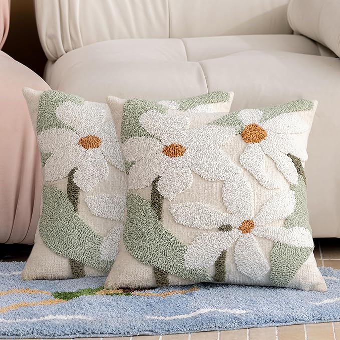 White Floral Embroidered Throw Pillow Covers 18" x 18" Set of 2, Farmhouse Flowers Green Leaves Tufted Patterned Cushion Cases for Couch Bed Living Room Decor