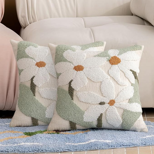 White Floral Embroidered Throw Pillow Covers 18" x 18" Set of 2, Farmhouse Flowers Green Leaves Tufted Patterned Cushion Cases for Couch Bed Living Room Decor