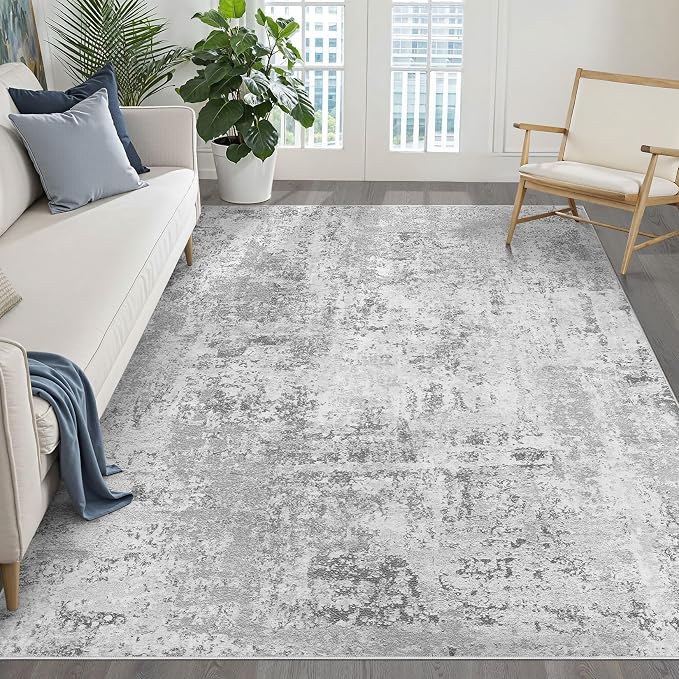 5x7 Area Rug Living Room: Washable Large Neutral Rug Abstract Soft Modern Stain Resistant Indoor Floor Non-Slip Carpet for Bedroom Nursery Kids Office Playroom Dining Room Under Table Home- Light Gray