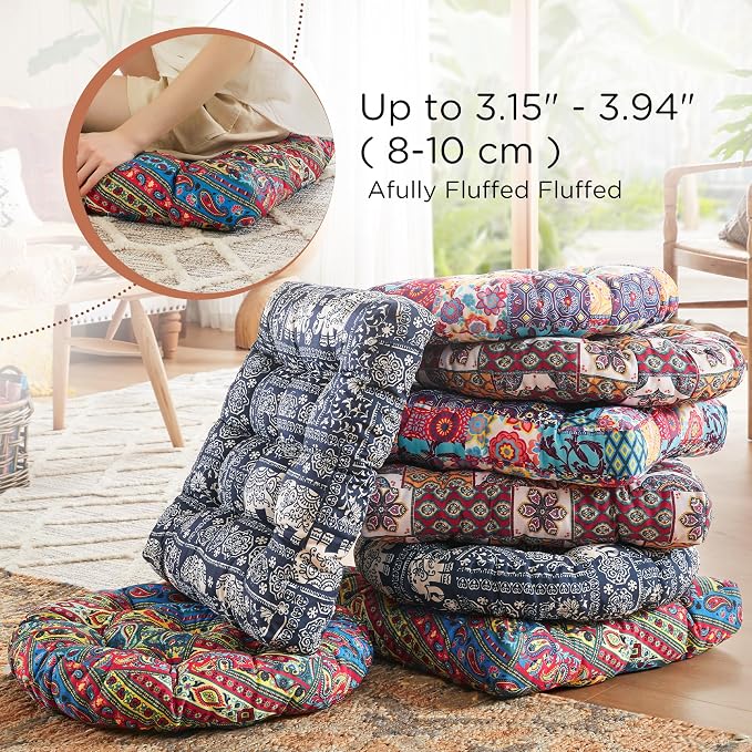 Codi Floor Pillow for Adults, Square Large Pillows Seating, Bohemian Big Cushions for Yoga Room Tatami Sitting, Memory Foam Added, 22x22 Inch, Multi Blaidiere, Set of 2