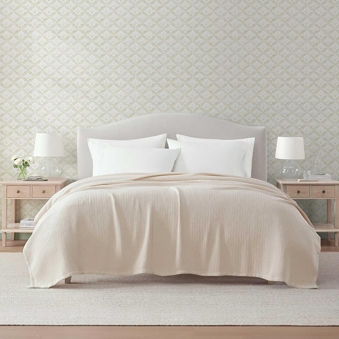 Martha Stewart - Twin Bed Blanket, 100% Cotton Textured Basket Weave Bedding, Breathable & Lightweight Blanket for Couch or Bed, Bedford Tile Pink