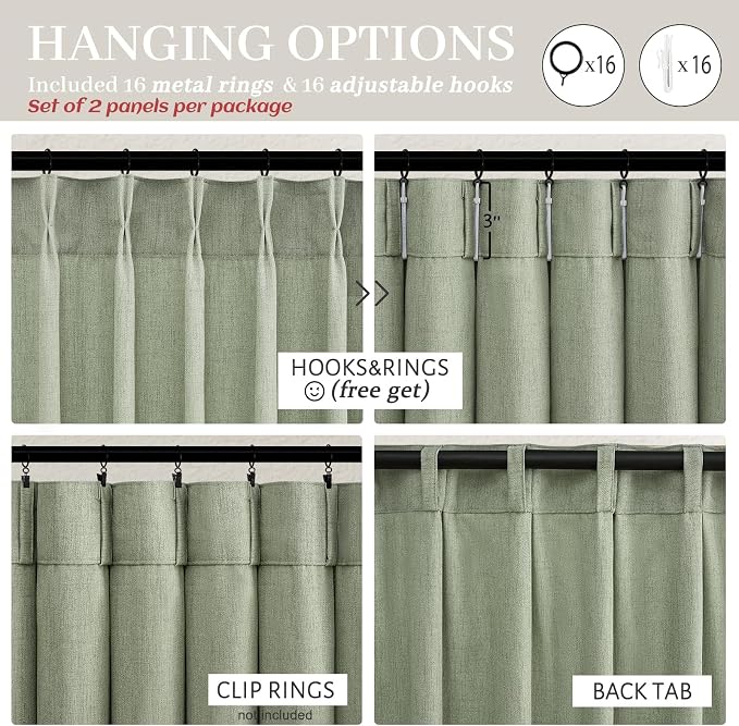 Sage Green Light Filtering Viral Sheer Curtains 90 Inches Long for Bedroom 2 Panels Set, Modern Pinch Pleated Flax Linen Window Drapes with Hooks Rings Ceiling Track 40 x 90 Inch Dining Room Curtain