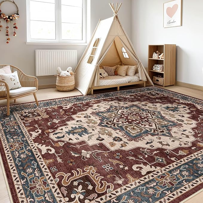 6x9 Area Rugs Living Room: Washable Boho Large Neutral Vintage Soft Rug Stain Resistant Farmhouse Non-Slip Indoor Floor Retro Carpet for Bedroom Nursery Kids Office Dining Room- Burgundy