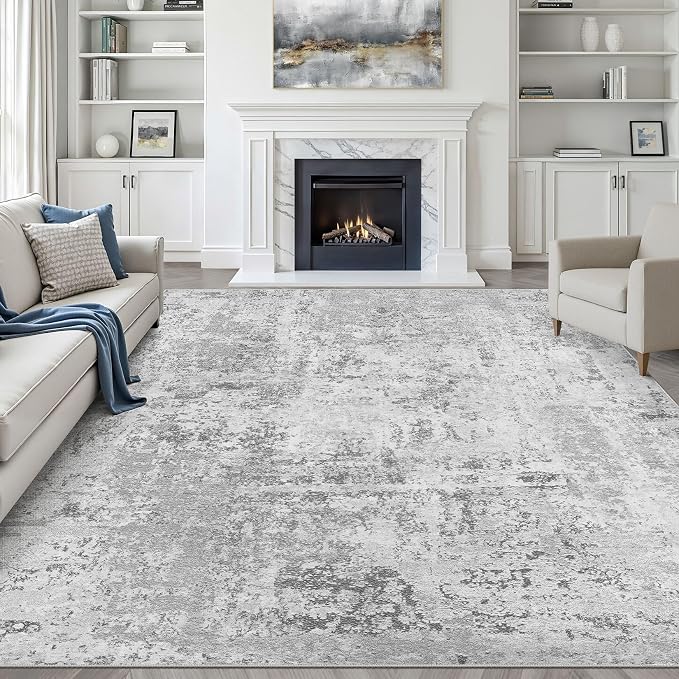 10x12 Area Rug Living Room: Washable Large Neutral Rug Abstract Soft Modern Stain Resistant Indoor Floor Non-Slip Carpet for Bedroom Nursery Kids Office Playroom Dining Room Under Table- Light Gray