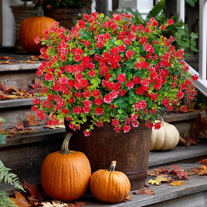 AXYLEX Artificial Flowers for Outdoors Fake Plants - 12 Bundles Faux UV Resistant No Fade Plastic Greenery Home Garden Porch Patio Decoration Boxwood Shrubs (Red)