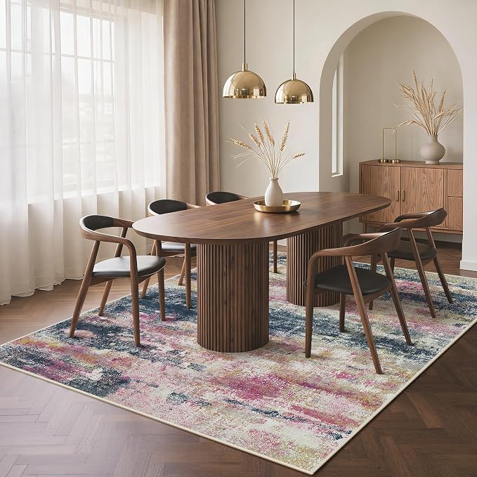 BEIMO Area Rugs 8x10 for Living Room Bedroom, Modern Abstract Machine Washable Rug, Large Soft Low Pile Floor Carpet with Non Slip Backing for Dining Room, Navy/Pink