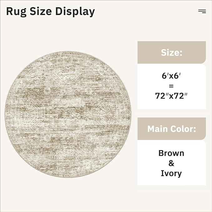 Soalmost 6x6 Brown Round Rug 6ft Living Room Circle Rug Vintage Round Area Rug Non Slip Indoor Carpet for Dining Room Bedroom