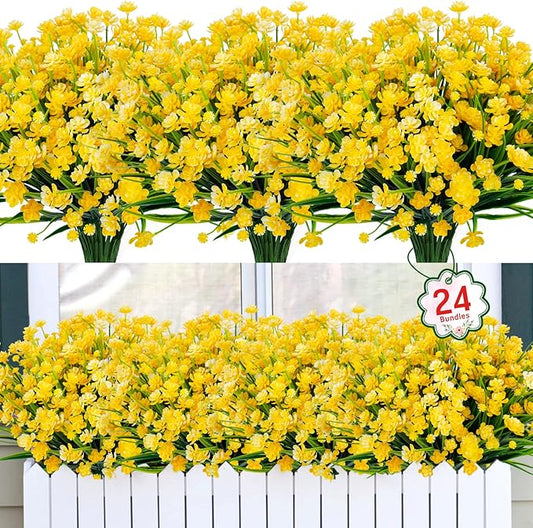 Ouddy Decor 24 Bundles Artificial Flowers for Outdoors UV Resistant Fake Plastic Plants Faux Greenery Stems for Spring Summer Indoor Garden Patio Window Box Kitchen Home Decor, Yellow