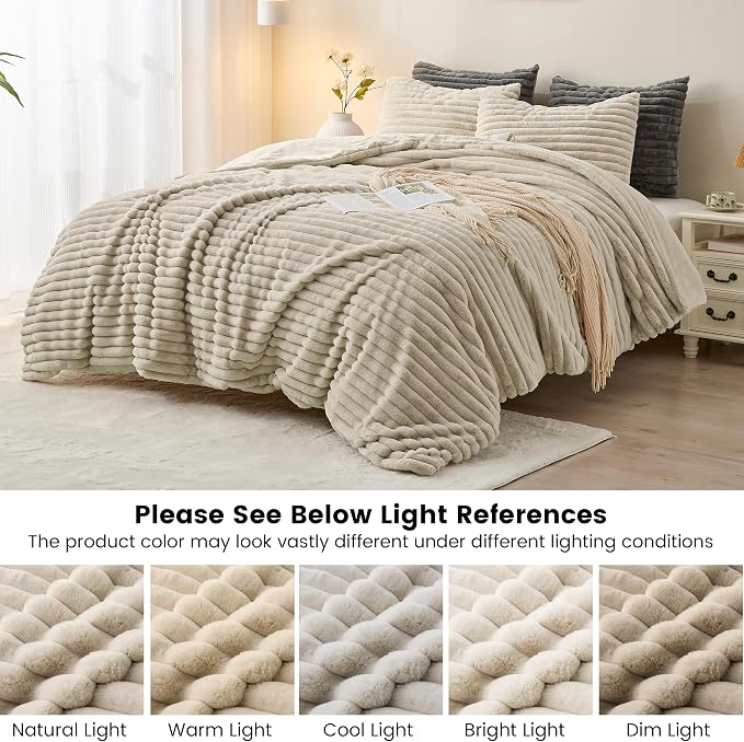 Simple&Opulence Fluffy Faux Fur Comforter Set, Plush Fuzzy Minky Bedding Set, 3 Pieces Warm Soft Comforter Bedding Set for Winter - 1 Shaggy Comforter with 2 Pillow Shams(King, Striped - Khaki)