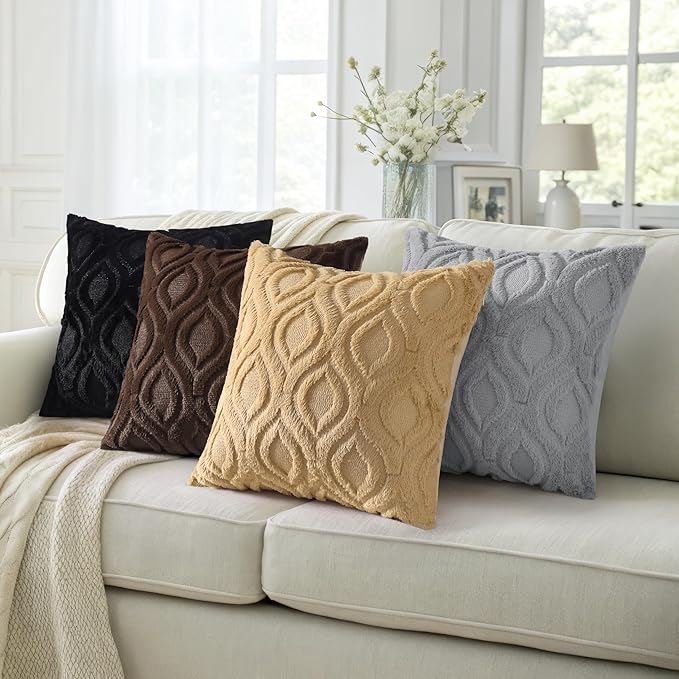 decorUhome Throw Pillow Covers 22x22 Inch Set of 2, Soft Plush Faux Wool Black Solid Couch Pillow Covers, Accent Euro Sham Farmhouse Neutral Square Pillow Cases for Sofa Bed Living Room