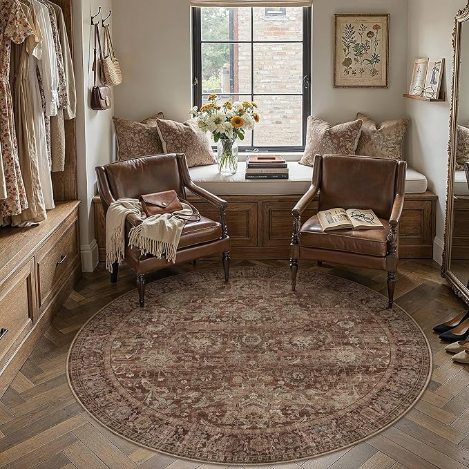 HUGEAR 4x4 Round Rugs Rust Red Washable Rug for Living Room Bedroom Large Neutral Vintage Rug Carpet Distressed Soft Durable Non Slip No Shedding for Indoor Dining Nursery Farmhouse