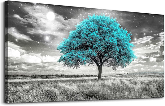 KELIYUAN Modern Canvas Print Wall Art Blue Tree Painting Full Of Stars Black And White Art pictures Natural Landscape Wall Decoration Suitable For Living Room Bedroom Office Framed Stretch 20x40 In