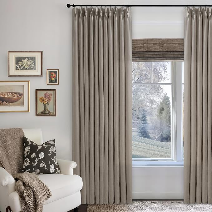 Pinch Pleated Linen 102 Inch Curtains 70 Inch Width for Living Room Divider Light Filtering Thick Taupe Linen Extra Wide Patio Curtains for Sliding Door Balcony Floor to Ceiling Window 1 Panel