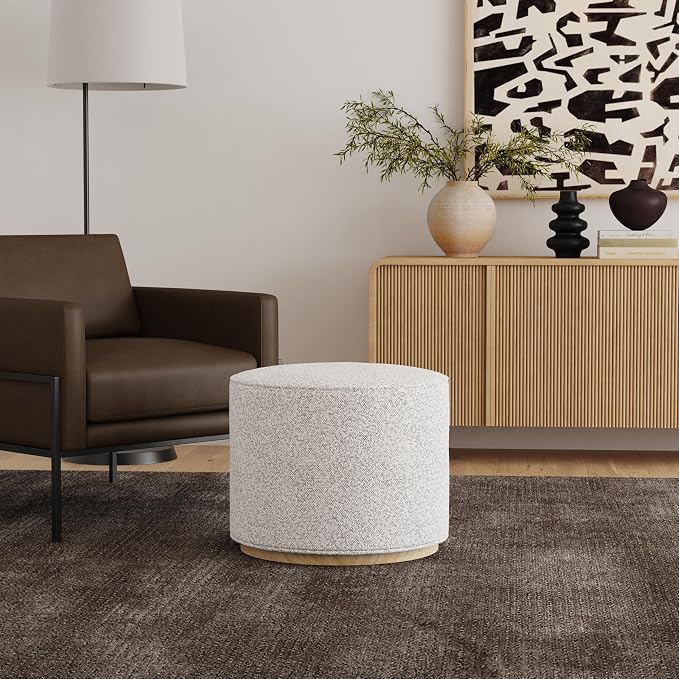 Spatial Order 22" Round Ottoman with Wooden Base - Cream Boucle with Gray Yarns