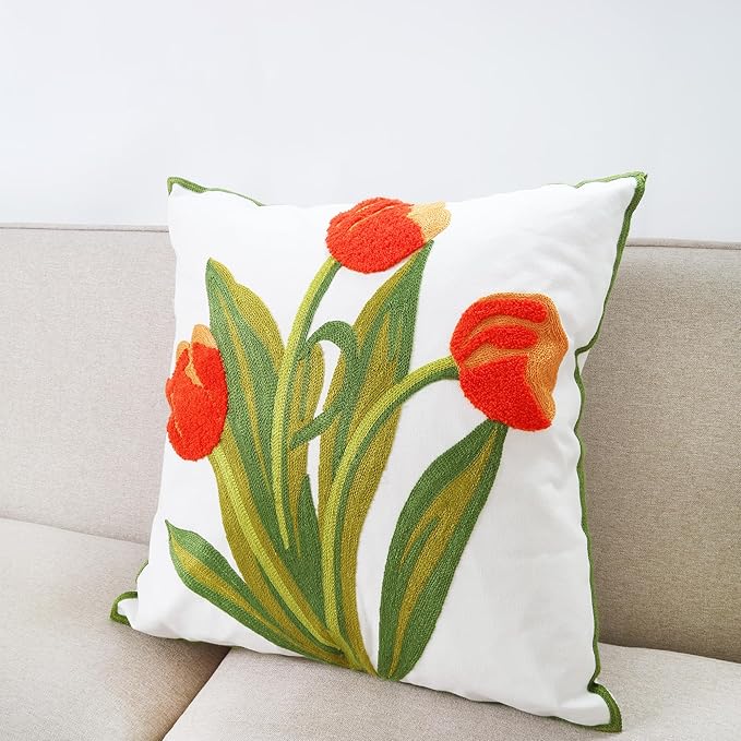 Embroidery Throw Pillow Cover 18x18 Home Decor Floor Pillow Cover for Couch Sofa Chair Best Gift 100% Cotton Floral Embroidered Cushion Cover Square Pillowcase 45x45cm Red Tulip, 1 Piece