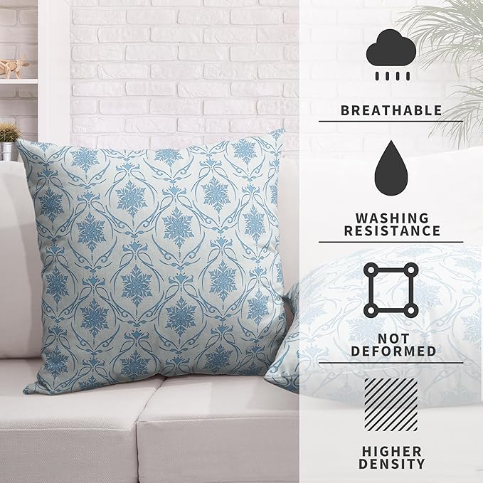 Winter Snowflakes Pillow Covers Blue Block Print Throw Pillow Covers Vintage Neutral Pillowcase 22x22 Set of 2 Elegant French Cushion Case for Living Room Couch Sofa