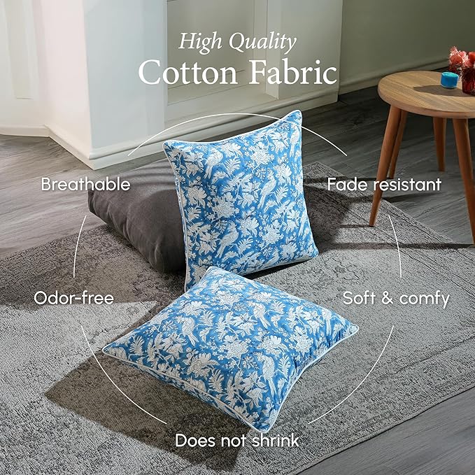 CPC 100% Cotton Throw Pillow Covers 18x18 Inch, Set of 2 Blue Block Print Pattern Couch Pillow, Cute Boho Decorative Pillows for Living Room, Bedroom with Hidden Zipper- Blue Sapphire