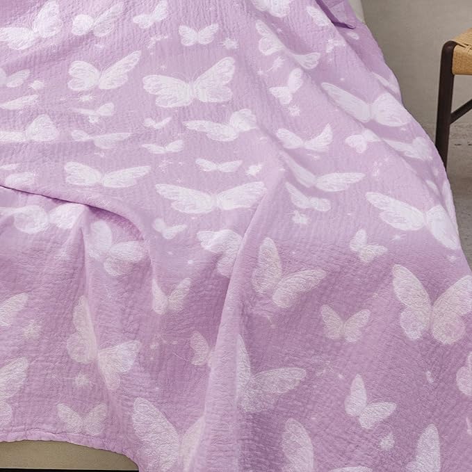 MEJU Dream Butterfly Violet Gentle Girls Muslin All Season Blanket for Bed Sofa Couch, 100% Combed Cotton 3 Layer Cozy Throw Blanket Bed Cover Quilt Purple Butterfly Full Queen 80 in x 90 in