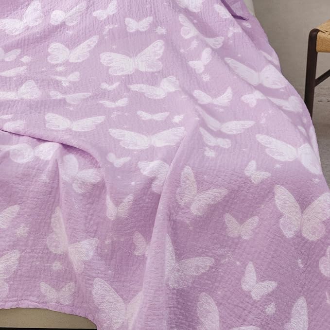 MEJU Dream Butterfly Violet Gentle Girls Muslin All Season Blanket for Bed Sofa Couch, 100% Combed Cotton 3 Layer Soft Throw Blanket Bed Cover Quilt Purple Butterfly Twin 60 in x 80 in