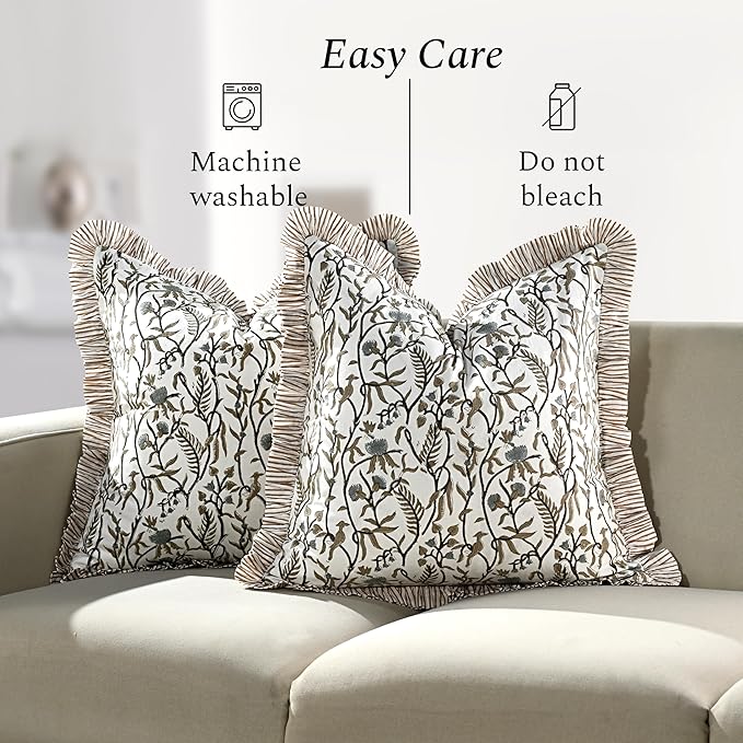 CPC Cocoa Vine Hand Block Print 100% Cotton Ruffle Throw Pillow Cover 24x24 inch with Hidden Zipper Decorative for Couch, Bed, Sofa, Farmhouse, Cottagecore Decor Gift Christmas Fall Thanksgiving