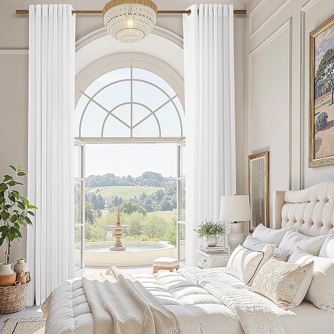 White Linen Curtains 144 Inch Length for Living Room Extra Long 2 Panels Set Grommet Modern Farmhouse Coastal Decor Cotton Textured Sheer Modern Farmhouse Curtain Drapes for High Window 52x144