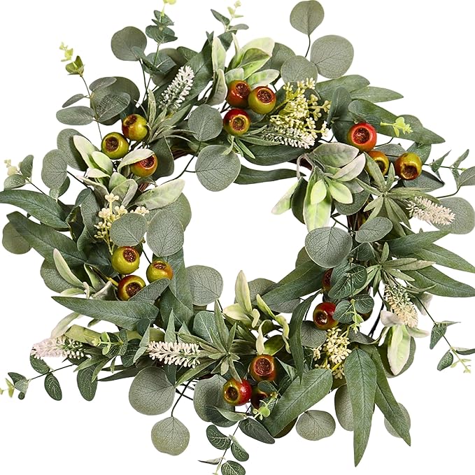 22IN Spring Summer Eucalyptus & Berry Wreath with Realistic Lamb's Ear Leaves. Seasonal Greenery Decor for Front Door, Wall, and Year-Round Celebrations.