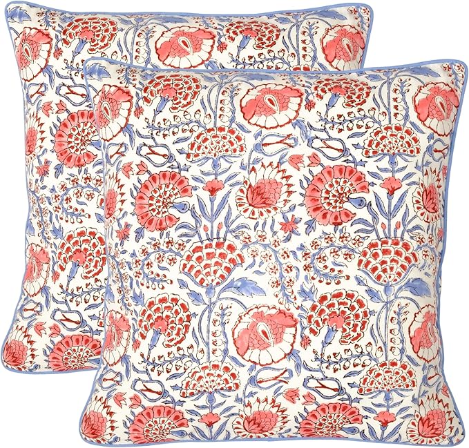 Ridhi Block Print Flamingo Pink Pillow Cover 20" x 20" (Pack of 2) Decorative Couch Pillows for Living Room, Chic Boho Cute Outdoor Pillows Covers Gifts for Spring, Easter and Valentine