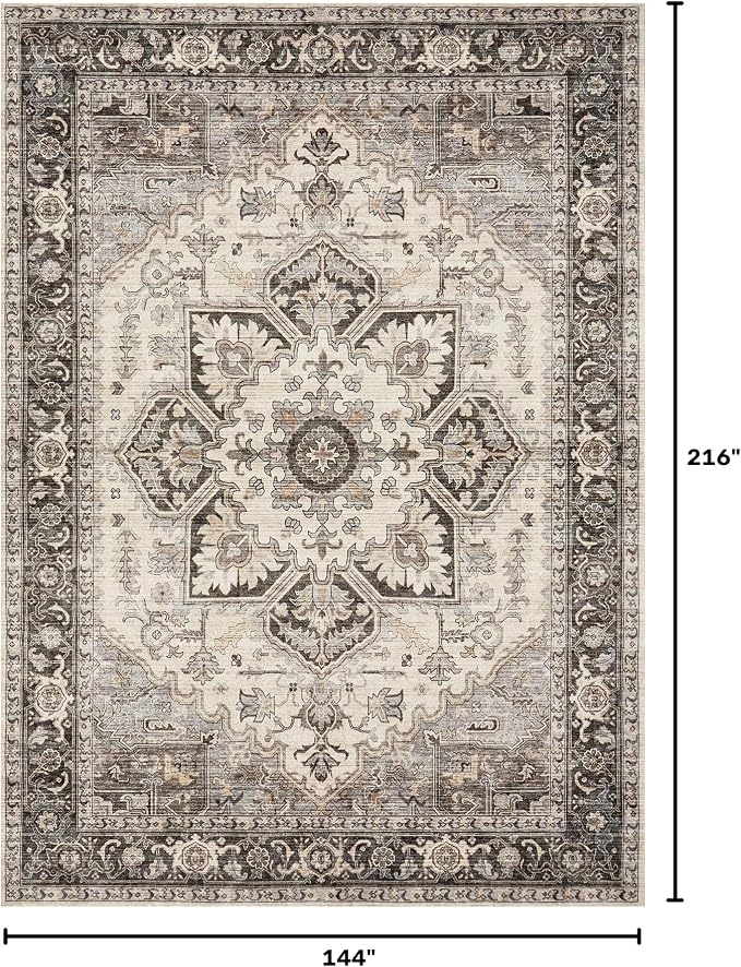 12x18 Area Rugs for Living Room - Large Carpet Ultra Thin Soft Washable Oriental Vintage Floral Distressed Big Indoor Carpets for Bedroom Nursery Dorm Home Decor Aesthetic - Grey Brown