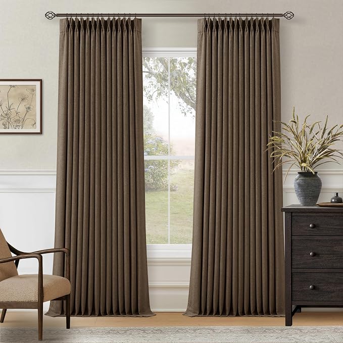 Thick Linen Brown Blackout Curtains 90 Inches Long for Living Room Bedroom 100% Black Out Pinch Pleated Drapes Double Layer Room Darkening Light Blocking Thermal Insulated 90 Inch Curtain Dutch Cocoa