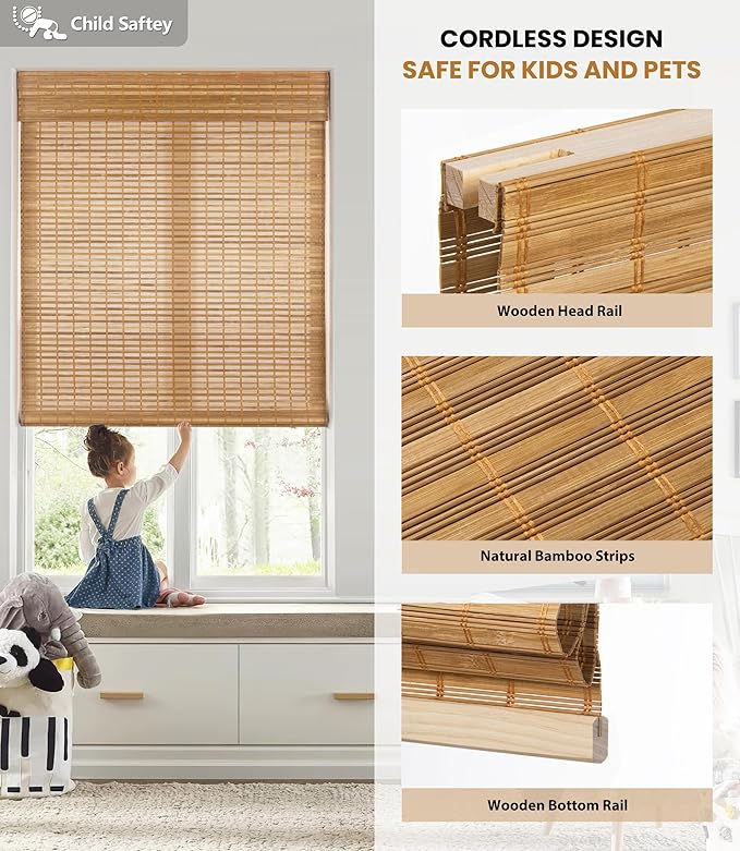 LazBlinds No Drill Bamboo Roman Shades, 30x64, Squirrel | Light Filtering Window Treatment, No Tools Cordless Roll Up Bamboo Blinds for Window