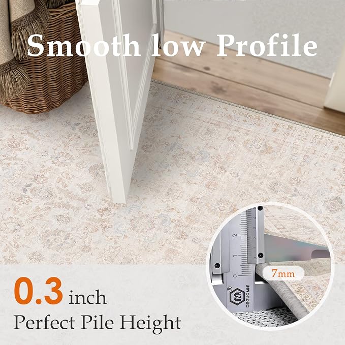 5x7 Washable Neutral Area Rug for Living Room Beige Floral Non Slip Low Pile Throw Rug Modern Traditional Stain Resistant Carpet Bedroom Kitchen Playroom Office Dining Room