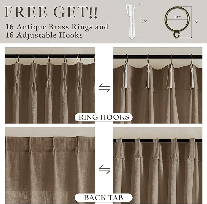 Dutch Cocoa Pleated Thick Linen Curtains for Living Room Bedroom 102 Inches Long Semi Sheer Boho Country Privacy Linen Blend Back Tab Window Curtain Brown Dining Room Drapes 102 Inch 2 Panels
