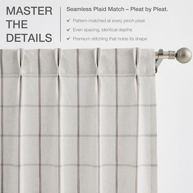 Vision Home Tan Plaid Linen Pinch Pleated Semi Sheer Curtains 60" Wx84 Lx2 | Checkered Light Filtering, Back Tab,with Ring Hooks, 2 Panels, Living Room Bedroom, Rustic Pleat Drapes