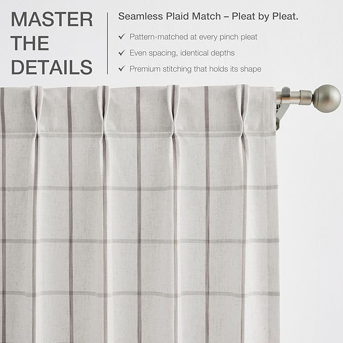Vision Home Tan Plaid Linen Pinch Pleated Semi Sheer Curtains Checkered Light Filtering Window Panels 102 inches Long for Living Room Bedroom Rustic Pleat Drapes with Back Tab Hooks 40" Wx102 Lx2