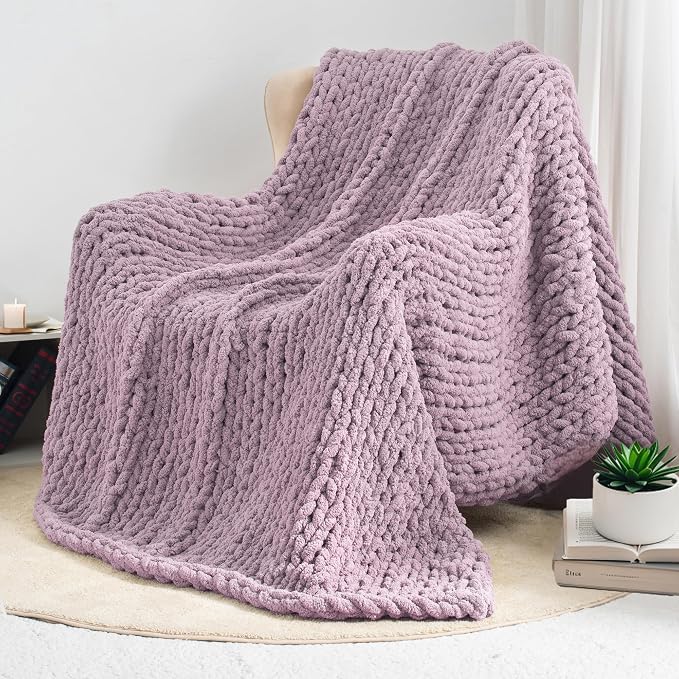 Chunky Knit Throw Blanket 60x80, 100% Handmade Chenille Yarn | 6.7lbs Soft Thick Cable Knitted Blankets, Large Rope Knot Crochet Throws for Couch Sofa Bed Machine Washable, Purple