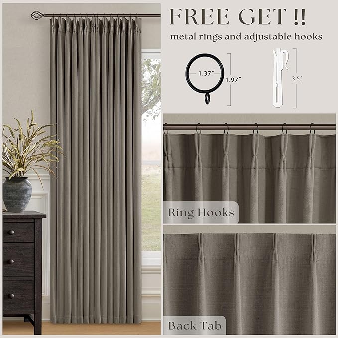 Flax Taupe Pinch Pleated Blackout Curtains 102 Inches Long for Bedroom 100% Black Out Thick Linen Dual Layer Pleated Drapes Farmhouse Country Brownish Gray 102 Inch Curtain for Dining Living Room