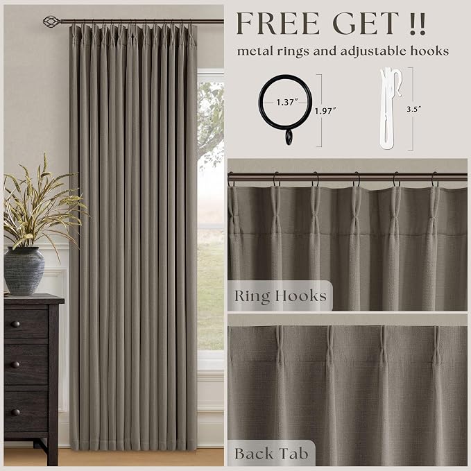 Taupe Grey 120 Inch Blackout Pinch Pleated Curtains 2 Panel Set for Living Room Darkening Thick Linen Textured 100% Black Out Drapes 120 Inches Long Pinch Pleat Light Blocking Bedroom Grayish Brown