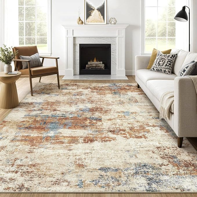 7x10 Area Rug Washable Rug: Large Abstract Modern Soft Stain Resistant Indoor Floor Non-Slip Accent Carpet for Living Room Bedroom Nursery Playroom Dining Room Office Dorm Home House- Blue Orange