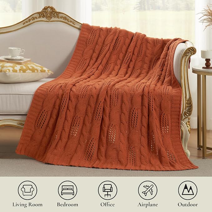 Amélie Home Chunky Knit Throw Blanket, Dual-Sided Soft Chenille Breathable Cable Knitted Blanket for Couch, Farmhouse Decorative Throw for Sofa & Chair, 60"x80", Burnt Orange