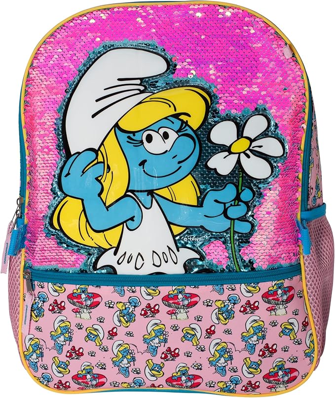 AI ACCESSORY INNOVATIONS Smurfs 5 Piece Backpack Set, Smurfette Flip Sequin Girls School Bag with Front Zip Pocket, 2 Side Mesh Pockets, Pink & Blue