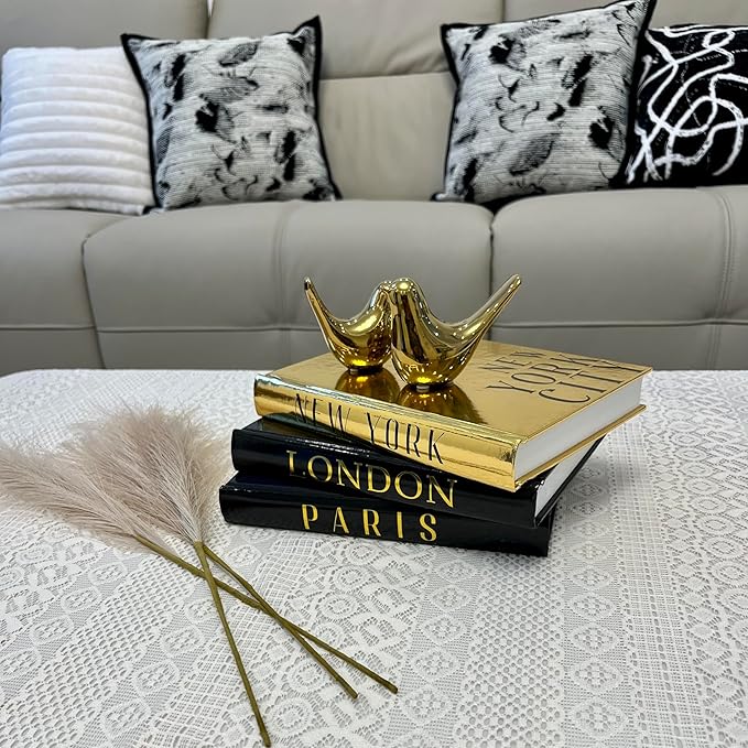 Decorative Books for Home Decor with Small Birds Statues Gold Home Decoration, Modern Style Coffee Table Book Decor, Stacked Books for Bedroom, Living Room, Office Desktop, Cabinets Shelf Decor