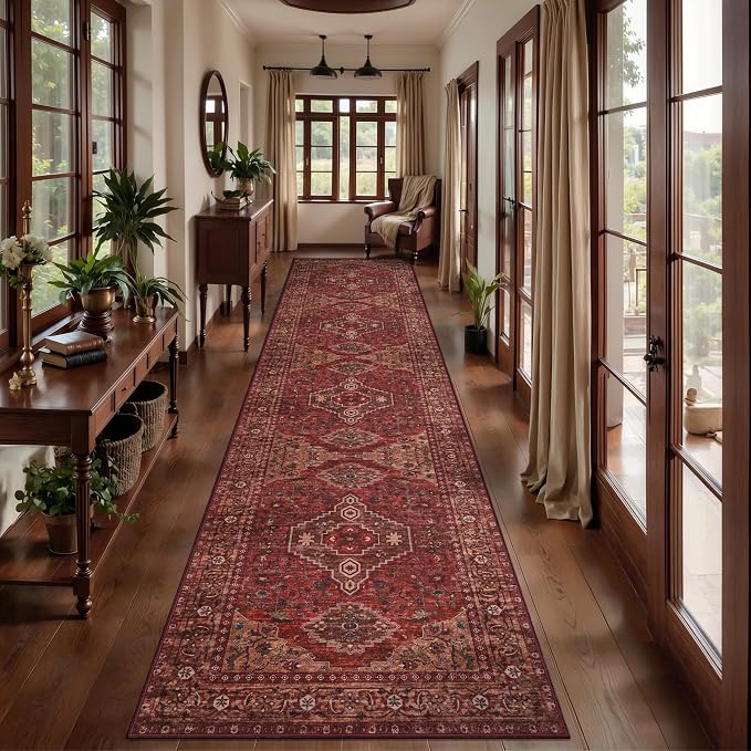 Tangsoo Boho 2.6x12 Washable Hallway Runner Rug, Red Non Slip Vintage Long Runner Rug for Hallways, Oriental Soft Low Pile Rug Runner, Print Carpet Runners for Kitchen Bedroom Entryway Living Room