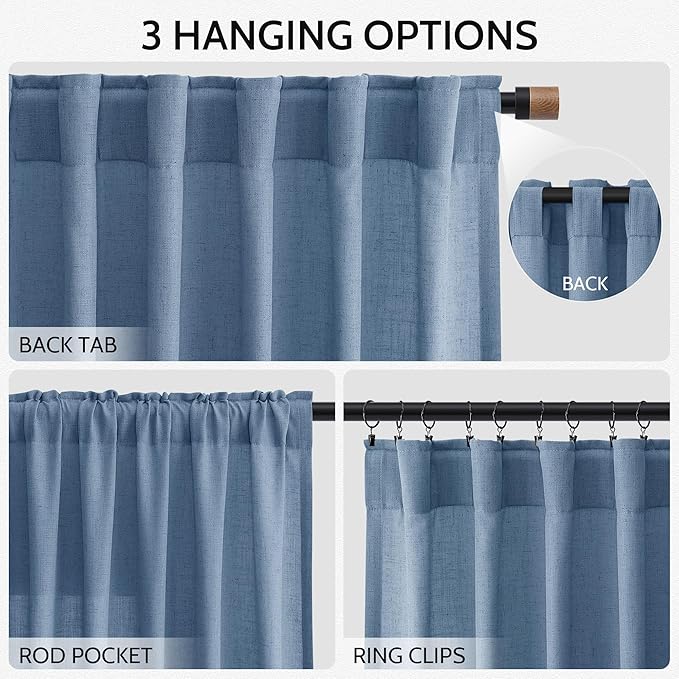 Linen Stone Blue Curtains 108 inch Living Room Back Tab Light Filtering Semi Sheer Drapes Modern Simplicity Farmhouse Coastal Decor for Floor to Ceiling High Window 52x108,2 Panels