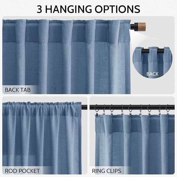 Linen Stone Blue Curtains 108 inch Living Room Back Tab Light Filtering Semi Sheer Drapes Modern Simplicity Farmhouse Coastal Decor for Floor to Ceiling High Window 52x108,2 Panels