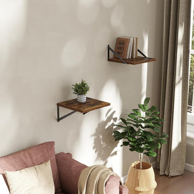 Acovy Deep Floating Shelves Wall Mounted, 12"x12" Brown Wood Shelves with Brackets Set of 2 for Bedroom, Living Room, Bathroom, Kitchen, Office - Storage & Display Shelf for Decor, Books, Plants