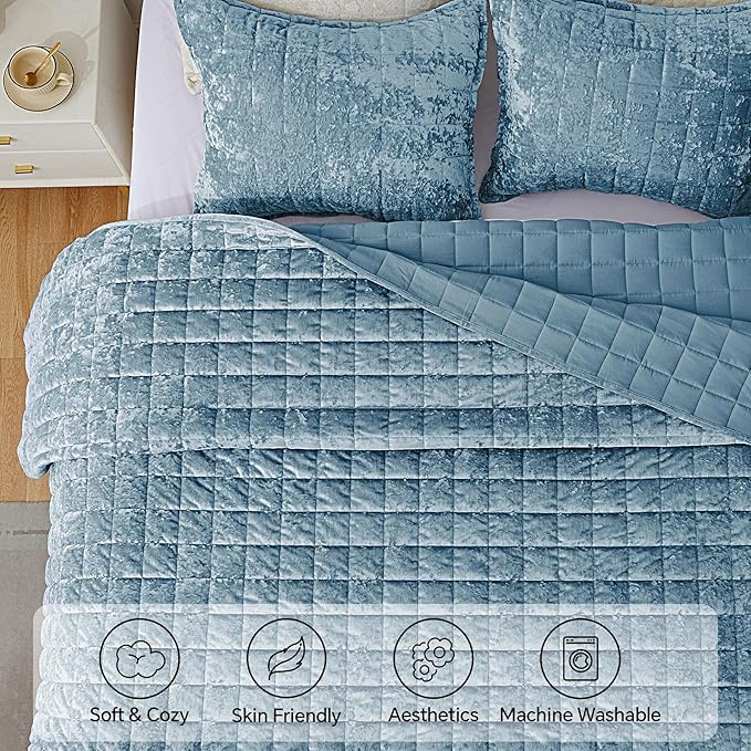 BEDELITE Velvet Quilt Set Queen Size - Luxury Soft Velvet Comforter Bedding Set for All Season, Lightweight Quilted Box Stitch Oversized Bedspread Coverlet with 2 Matching Shams, Shiny Dusty Blue