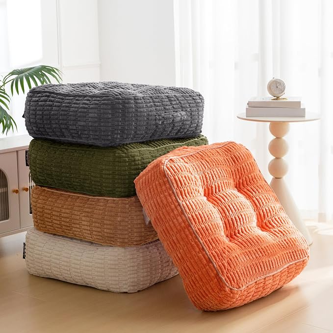 HIGOGOGO 8" Floor Pillow Cushion for Adults, Meditation Cushion Pillow, Blended Corduroy Cover, Large Square Floor Sitting for Tatami Living Room or Yoga, 2Pack, Dark Green