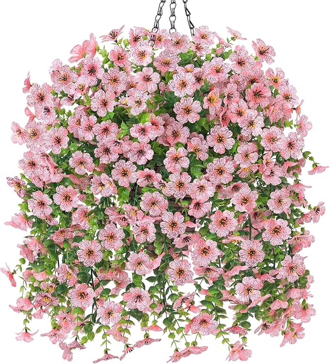 HyeFlora Artificial Hanging Flowers Basket for Outdoor, Fake Flowers Faux Plants Look Real for Yard Gardens Porch Patio Home (Pink)