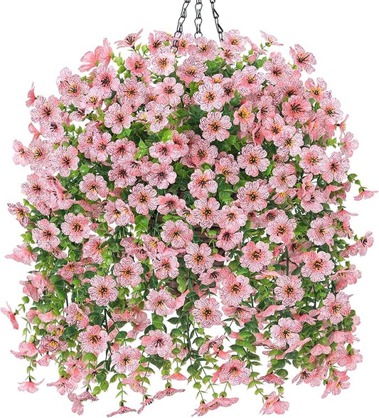 HyeFlora Artificial Hanging Flowers Basket for Outdoor, Fake Flowers Faux Plants Look Real for Yard Gardens Porch Patio Home (Pink)