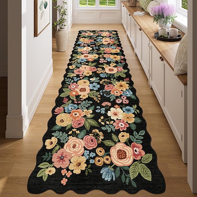DUKINO 2x8 Washable Runner Rug, Lightweight Soft Floral Hallway Rug Runner with Low Pile Design, Non Shedding & Non Slip Backing Thin Indoor Carpet for Bedroom, Bathroom, Entrance, Kitchen, Black